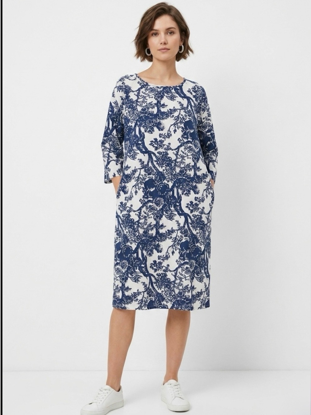 ZANZEA Blue & White Tree Floral Print Cotton Midi Dress w/ Pockets - Size Large
